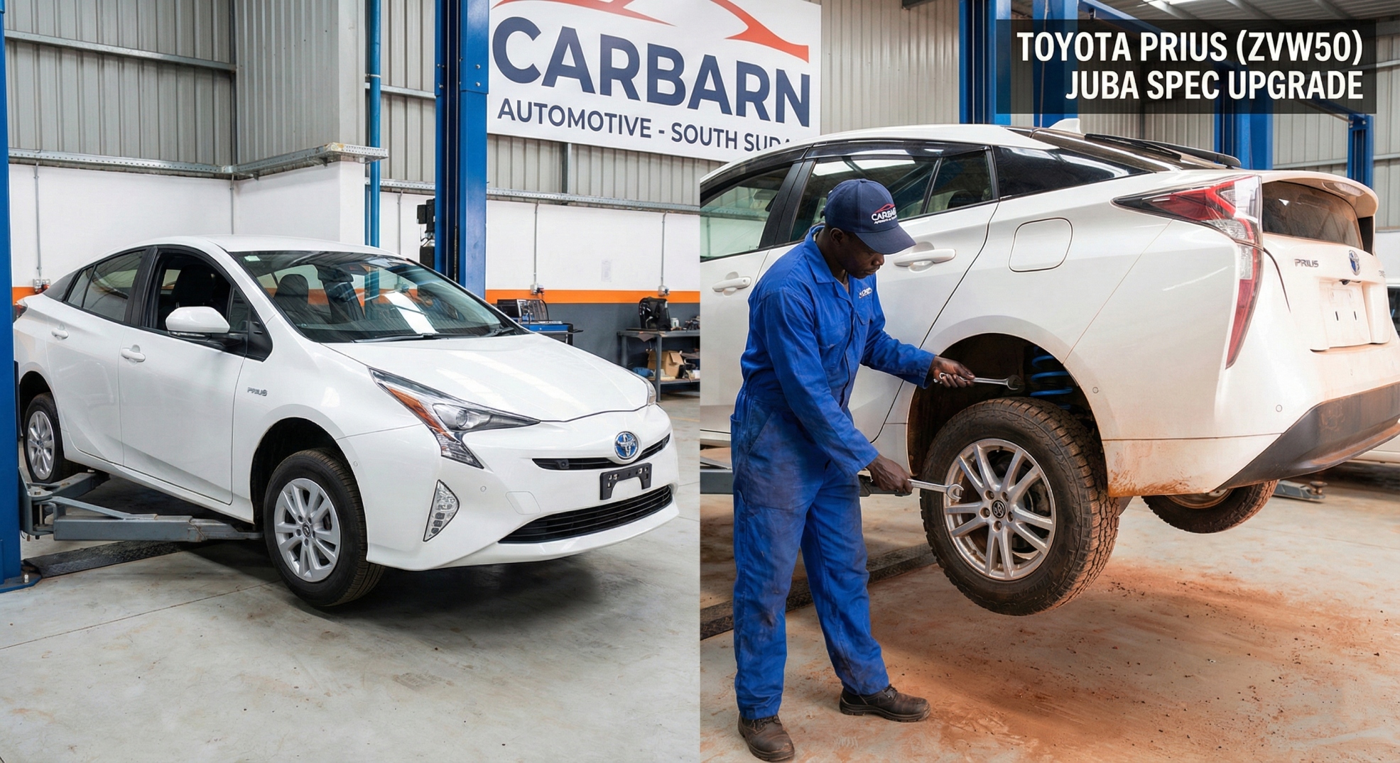 Comparison of stock Prius suspension vs Juba Spec lifted Prius with heavy-duty springs and higher clearance for South Sudan roads